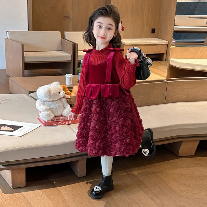 Girls' Dress Autumn Winter 2025 New Stylish Children's Red Princess Dress Chinese New Year Outfit Set