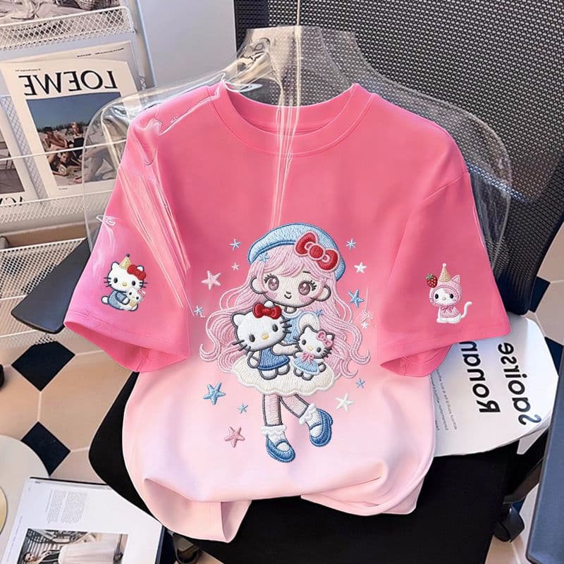 Girls Short Sleeve T-Shirt New Style for Middle and Older Children Summer Cotton Gradient Imitation Embroidery Process Kids Half Sleeve Top T-Shirt