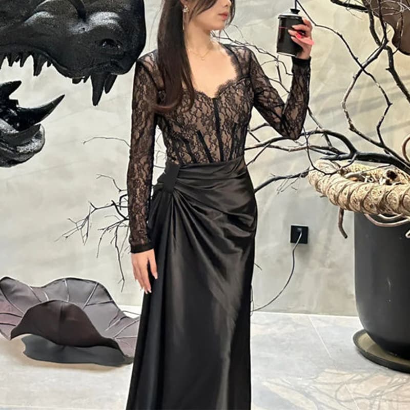 Plus Size French Vintage Hepburn Style Lace Patchwork Dress for Women Spring Autumn Slimming Long Dress Fashion