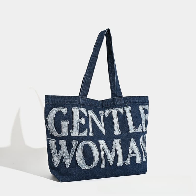 Thai Trendy Large Capacity Single Shoulder Canvas Bag, Artistic Retro Denim Bag for Women, Handbag with Letter Patch