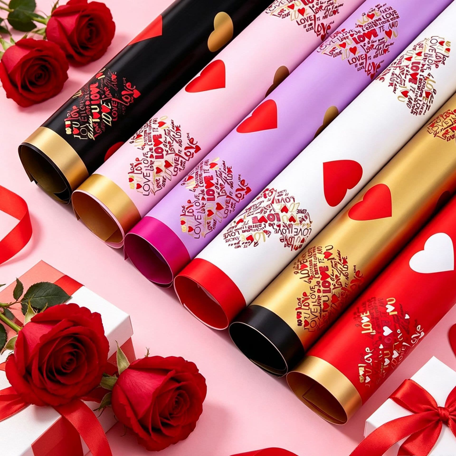 Fresh Flower Bouquet Wrapping Paper Gift Wrap Floral DIY Material Gold Edge Love Heart Border Holiday Packaging Paper