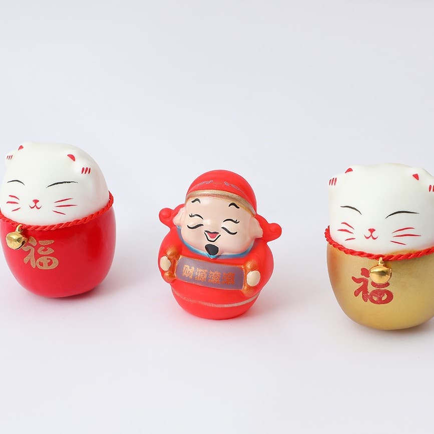 New Year Ornaments: Lucky Cat, Wealth God, Festive Flower Buckets with Rice and Wheat Stalks Decor
