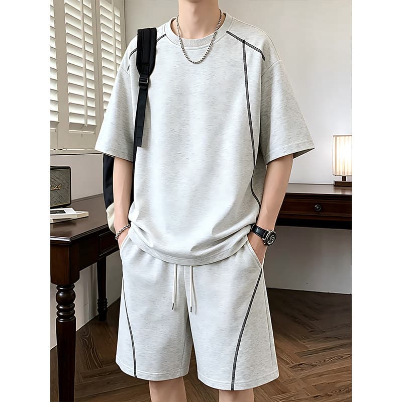 2026 Summer New American-Style Hasselblad Line Cotton Two-Piece Set for Men, Loose Casual Short-Sleeve T-Shirt and Shorts Set