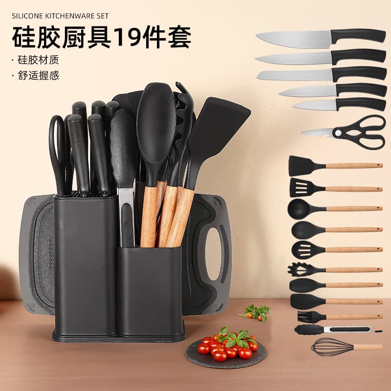 Cross-border Silicone Kitchen Utensils 19-Piece Set Non-Stick Silicone Spatula Export Double Cylinder Knife Set