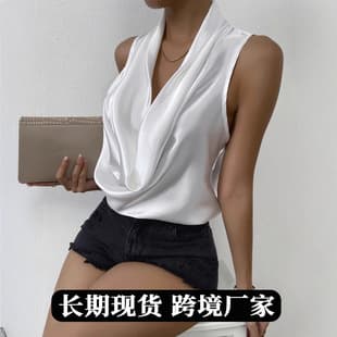 AliExpress Hot Selling Women's Summer Export Satin Blouse, European and American Draped Neck Satin Shirt Top Wholesale