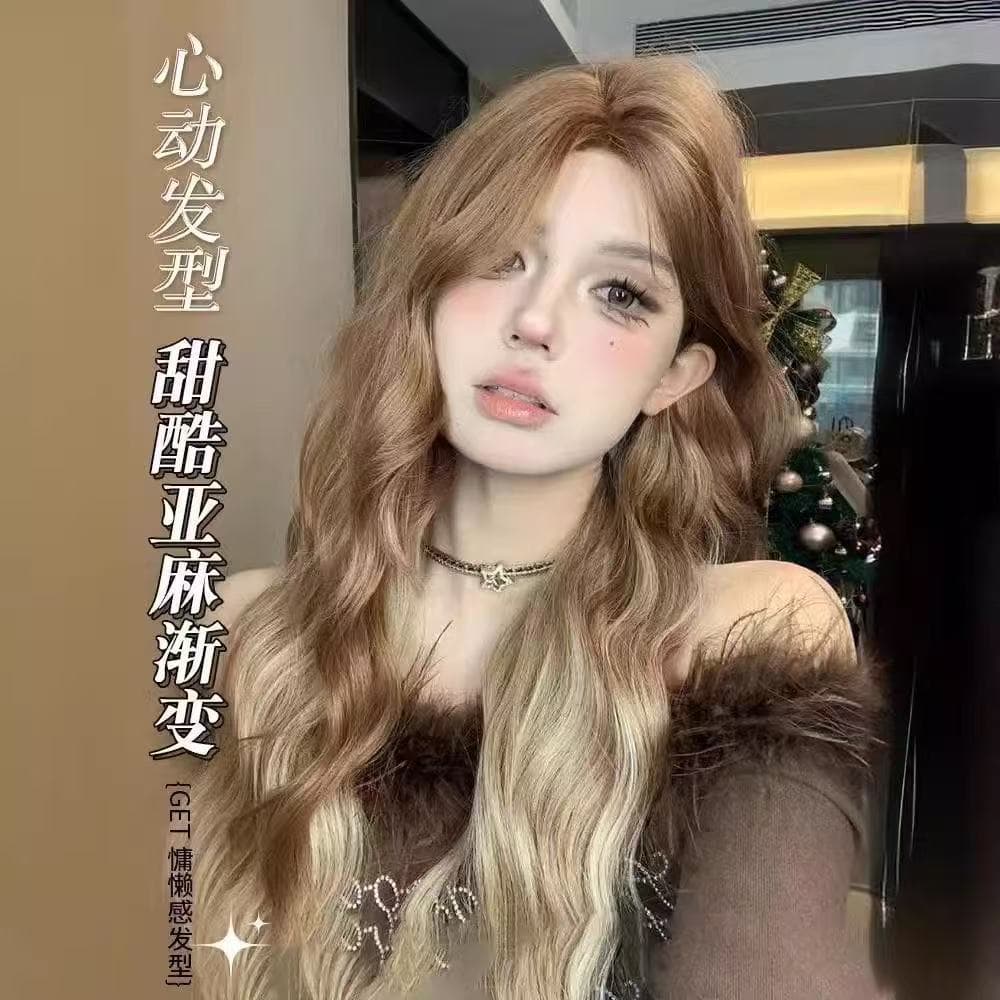 Wig for Women with Small Forehead Lace High-Level Linen Gradient Water Ripple Highlights Long Curly Hair Headgear Forehead Lace Headgear