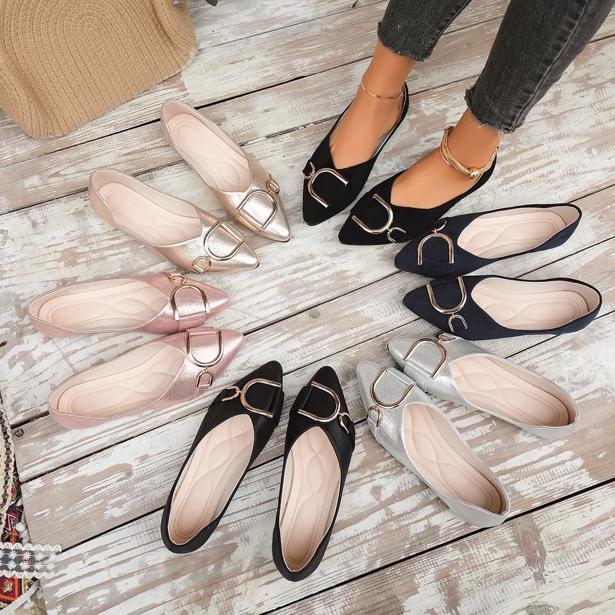 European and American Women's 2026 New Cross-Border Large Size Suede Metal Buckle Shallow Mouth Pointed Flat Slip-On Loafers
