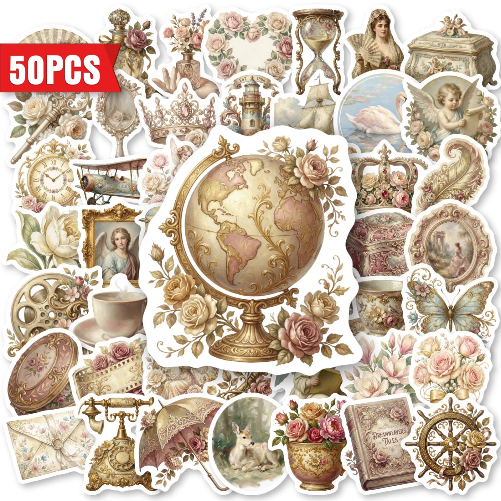 Cross-border direct purchase of 50 retro romantic stickers, literary and fresh DIY mobile phone and computer water cup decoration waterproof stickers