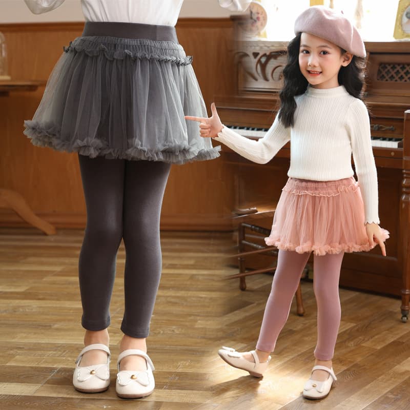 Girls' leggings 2023 spring and autumn new Korean style baby girl elastic slim fake two-piece set sweet mesh culottes