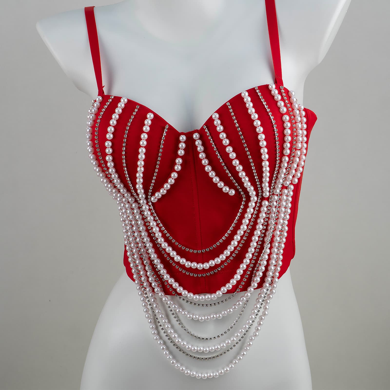 Pearl chain fishbone corset top, women's outerwear lace lingerie V-neck