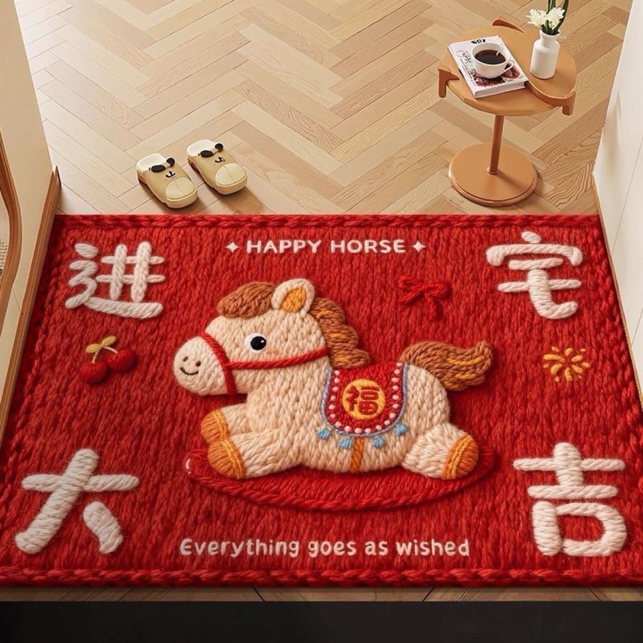 Year of the Horse Crystal Velvet Door Mat, Bathroom Absorbent Plush Non-Slip Mat, Fresh Animal Coffee Table Mat, Bedroom Rug