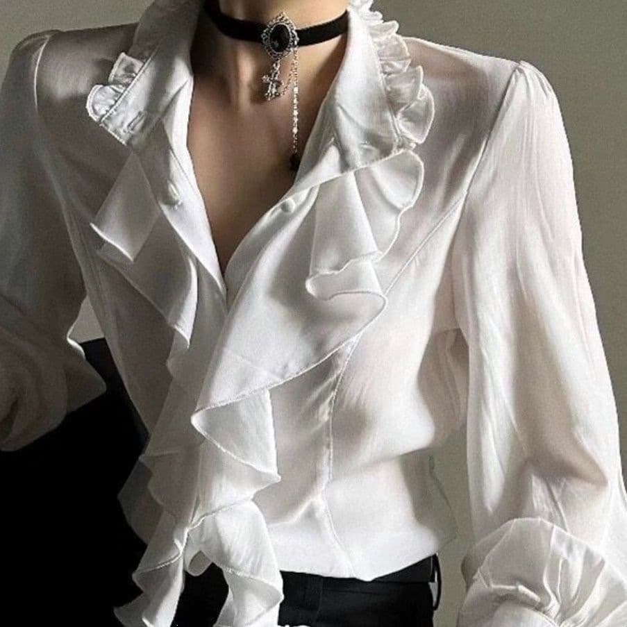Dark French palace style retro stand-up collar ruffled long-sleeved shirt for men and women unisex style ribbon design shirt