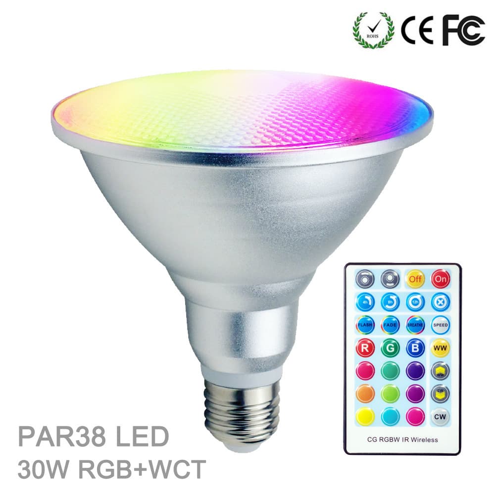 New Model PAR38 LED Spotlight with RGBWCT, Timer Function, 28-Key Infrared Remote Control, IP65 Waterproof