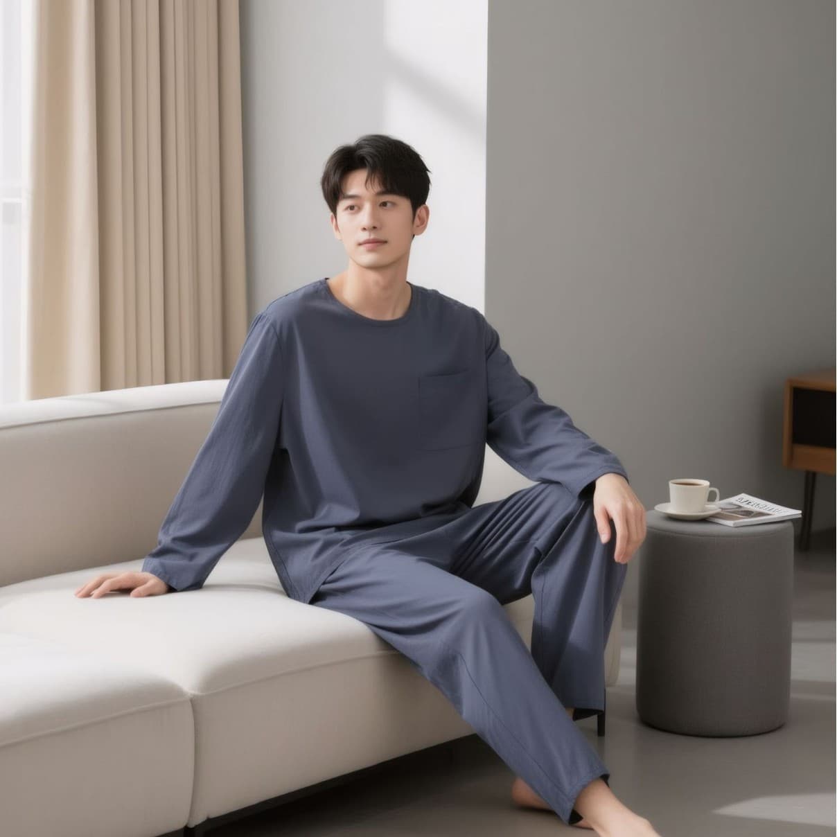 Cotton silk spring and summer pajamas pullover men's casual outer wear sports home clothes suit versatile category