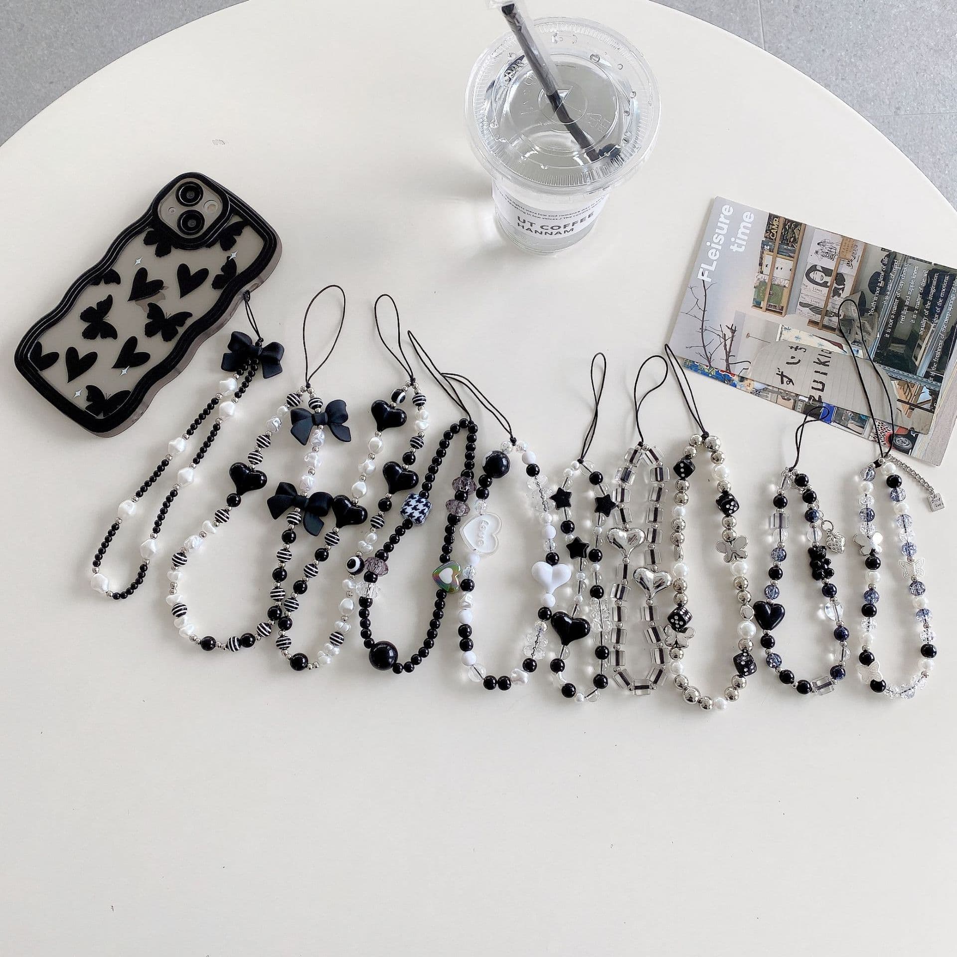 Phone Chain White Pearl Bow Ins Simple Style Square Pendant Heart Striped Beads Accessories Phone Lanyard