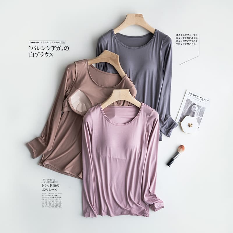 Modal Women's Long-Sleeved T-Shirt with Padded Bra, No Underwire, Round Neck Yoga Pajamas, Underwear, Slim Fit Base Layer