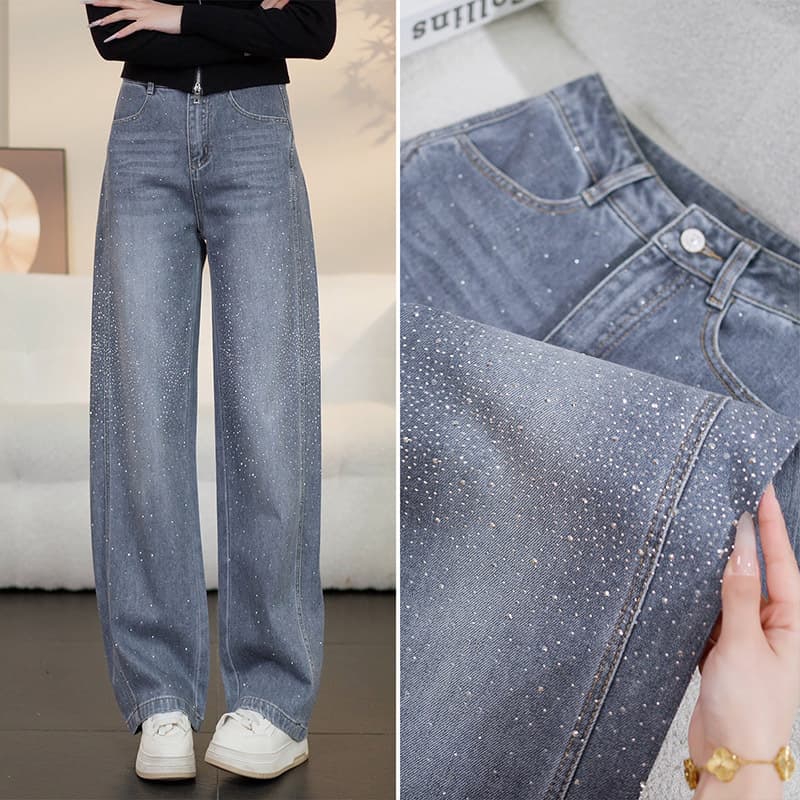 Hot diamond versatile narrow straight jeans for women 2026 spring and autumn new high-waisted, flesh-covering, slim and drapey wide-leg pants