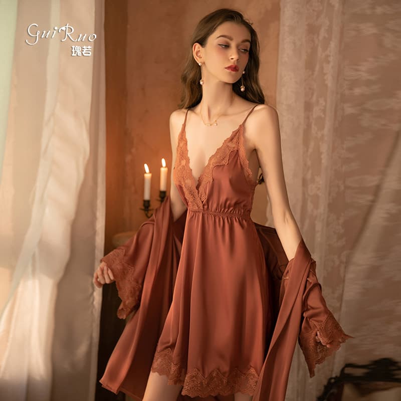 Gorgeous Sexy Deep V Satin Lace Stretch Waist Camisole Nightgown with Comfortable Robe Women's Loungewear Set 267