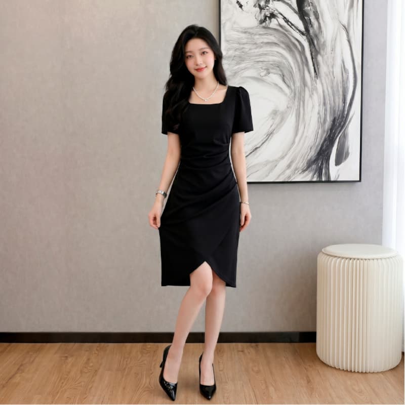 New Summer French Square Neck Dress Slim Fit Slit Midi Little Black Dress Waist-Cinching Women