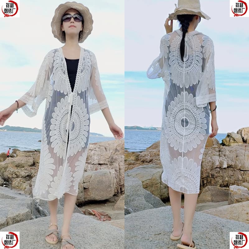 2024 Amazon Cross-Border Europe & America Sun Protection Shirt Hollow-Out Lace Cardigan Bikini Cover-Up Outerwear Swimsuit Jacket for Women