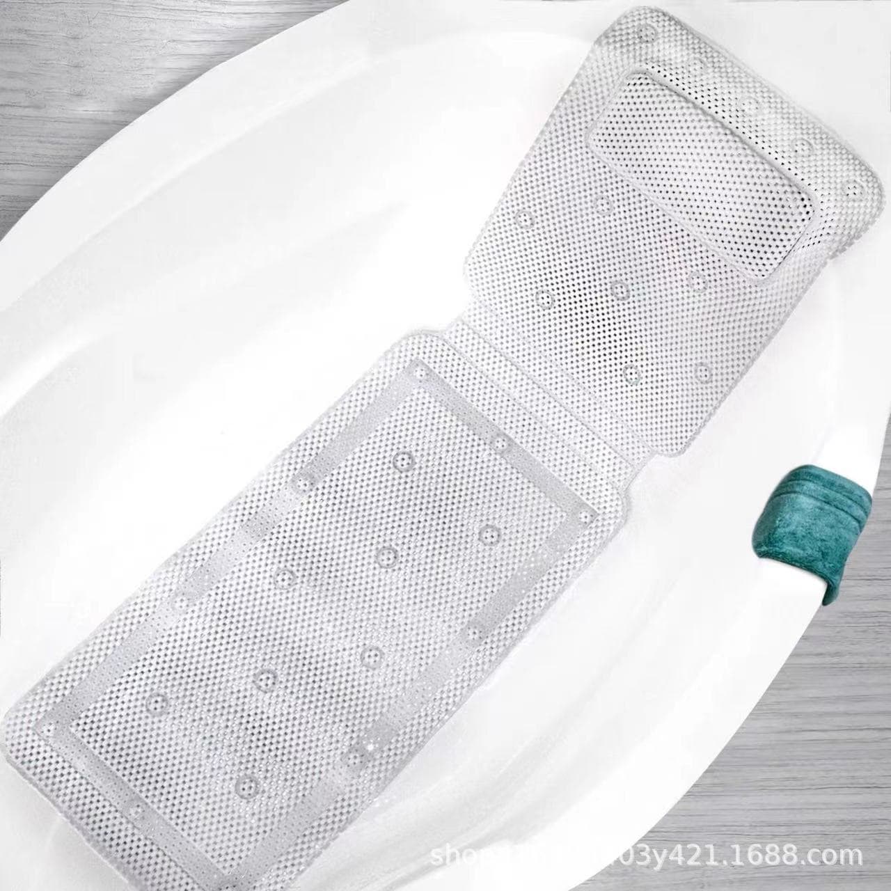 Amazon-supplied PVC foam bathtub mat with hollow design, pillow, and suction cups for anti-slip, backrest pillow, size 36*125CM.