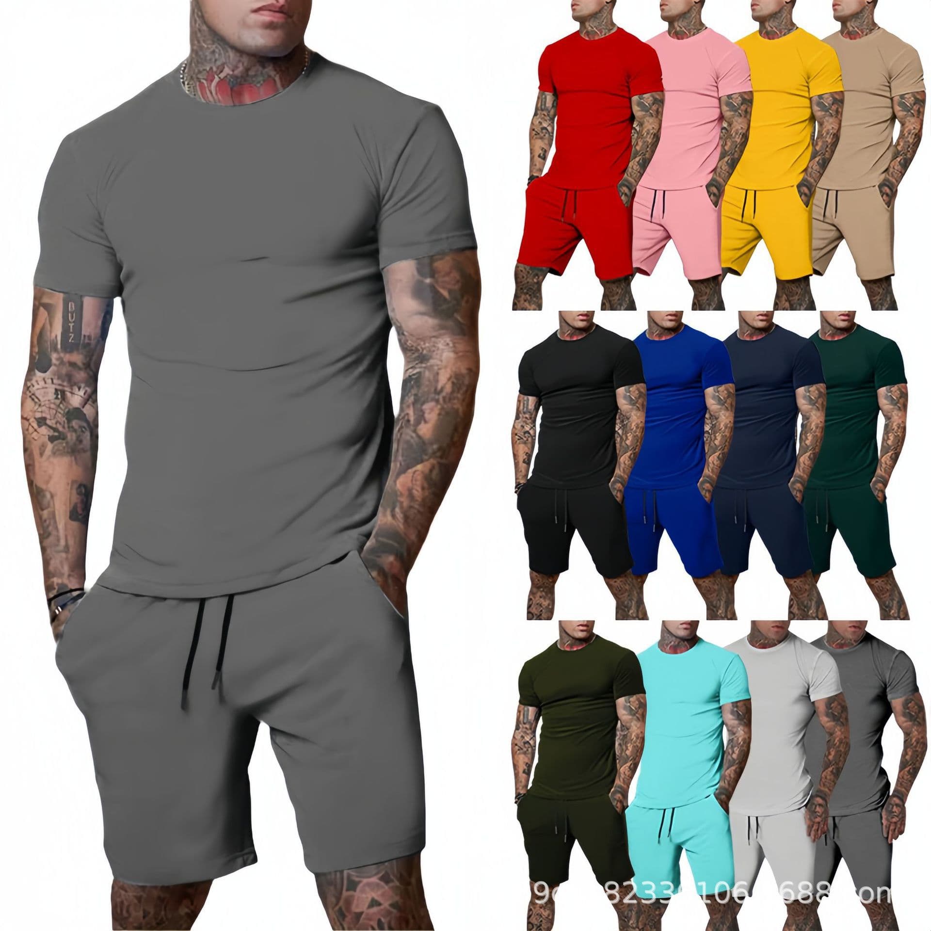 Summer Men's Short Sleeve Suit T-Shirt and 5-Inch Shorts Solid Color 2-Piece Set Running Fitness Quick-Dry Sports Suit for Export