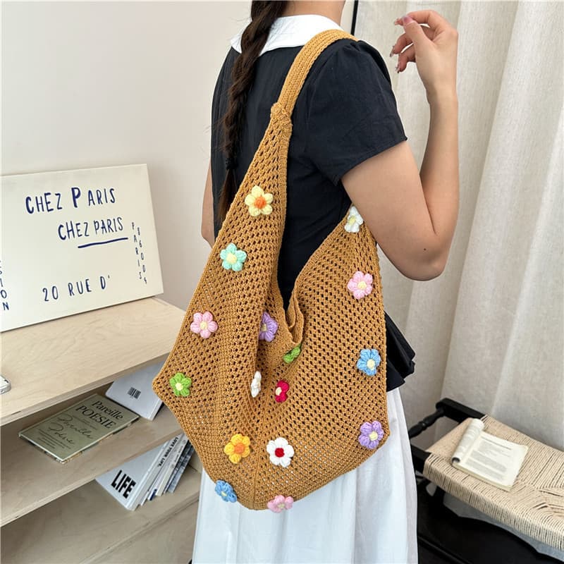Cross-border Casual Flower Knitted Bag Women's 2026 New Style Single Shoulder Bag Large Capacity Tote Bag Commuter Big Bag