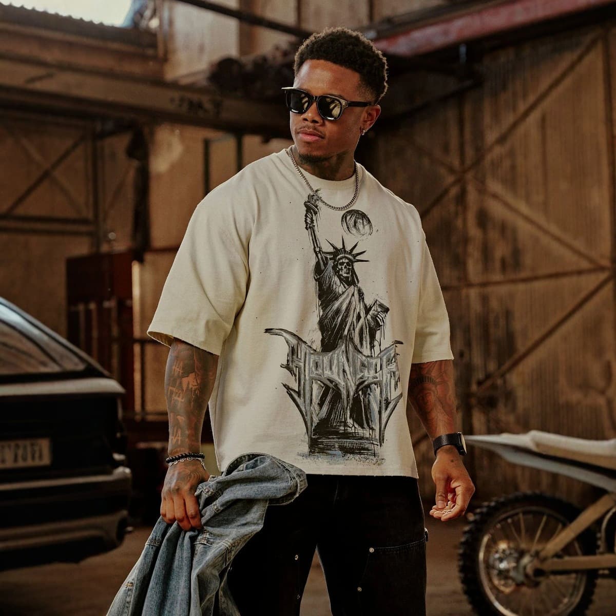 YOUNGLA American Retro Men's Oversized T-Shirt Street Hip-Hop Loose Short Sleeve Jogger Sports Fitness T-Shirt