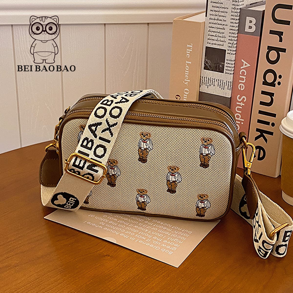 Cartoon Women's Canvas Shoulder Bag Casual Crossbody Bag Urban Minimalist Style Small Square Bag Zipper Closure Fabric Lining
