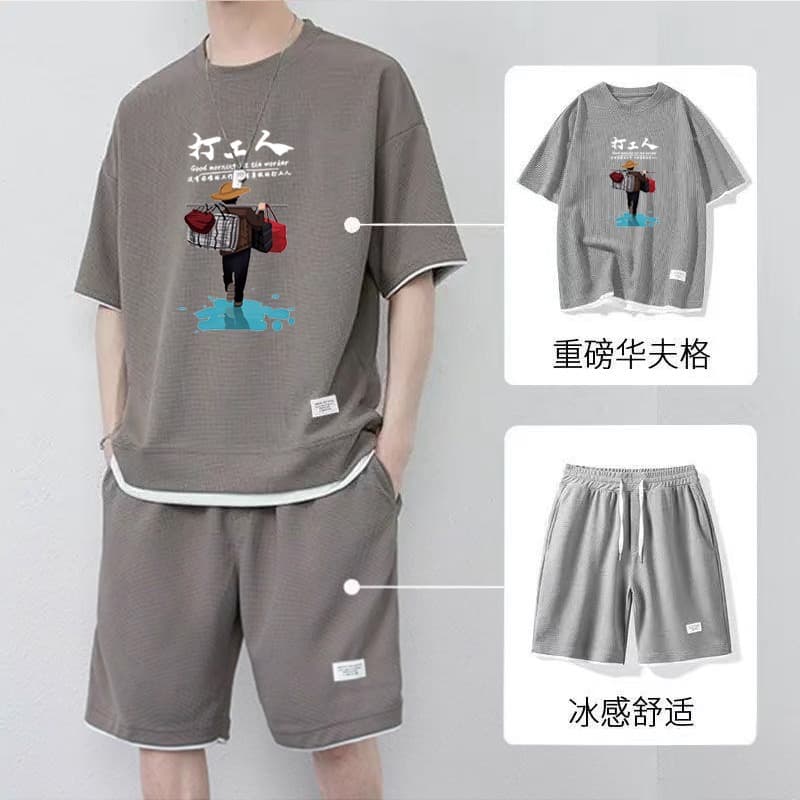 Waffle Knit Casual Set Men's Summer Short Sleeve T-Shirt Outfit Stylish Streetwear Big Size Sportswear