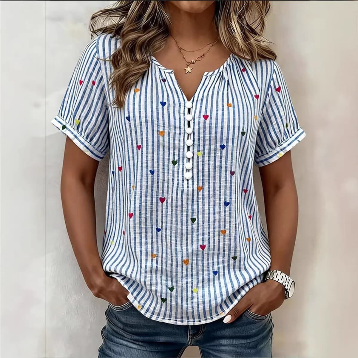 2026 Plus Size Women's Summer Short Sleeve Striped Print Shirt Hot Selling for Amazon Cross-border E-commerce Europe and America