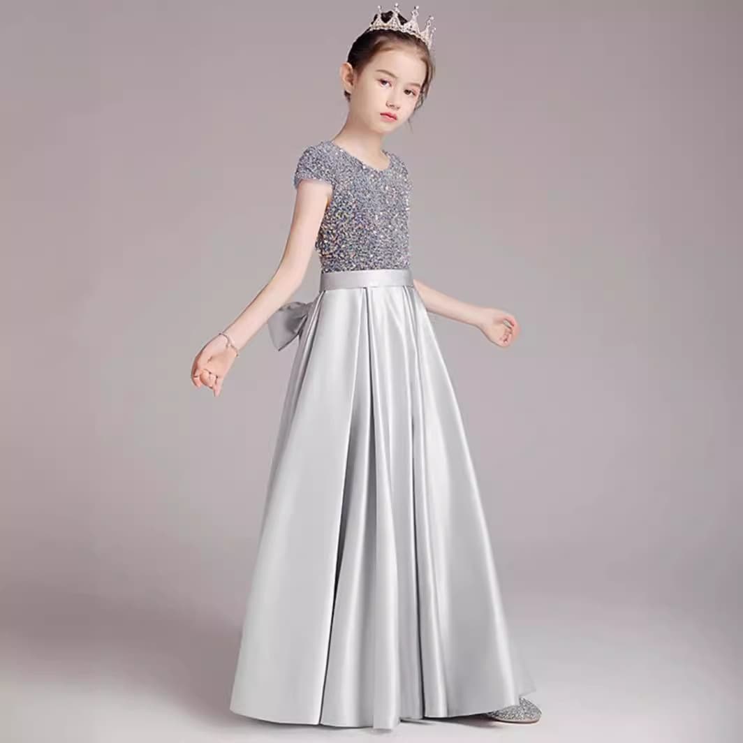 Girls Piano Performance Dress Gray Sequins Long Gown Princess Dress Children Host Runway Show Costume Summer