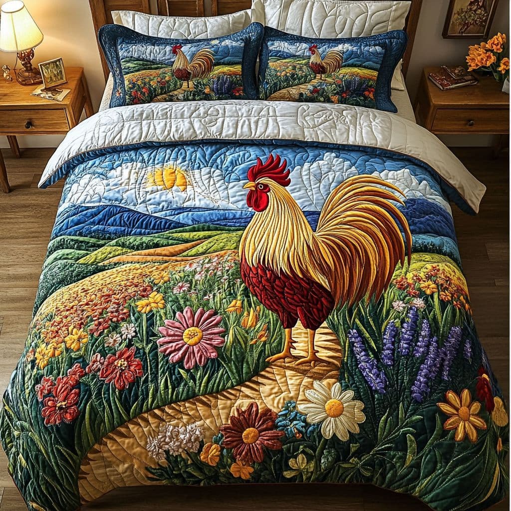 Cross-Border Trade Field Rooster Bed Cover Three-Piece Set Digital Printed Quilted Bed Sheet Home Bedding