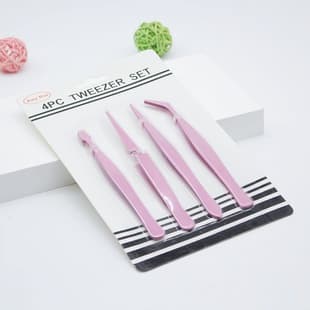 Glue-Free Anti-Stick Stainless Steel Tweezers, Eyelash Clips, Pink Wholesale 4-Piece Set, Lash Extension Makeup Tools