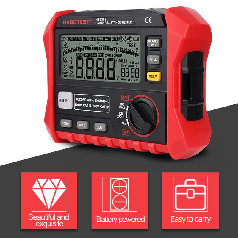 HABOTEST HT2302 Grounding Resistance Tester, Digital Grounding Measuring Instrument for Lightning Protection and Soil Resistivity Measurement