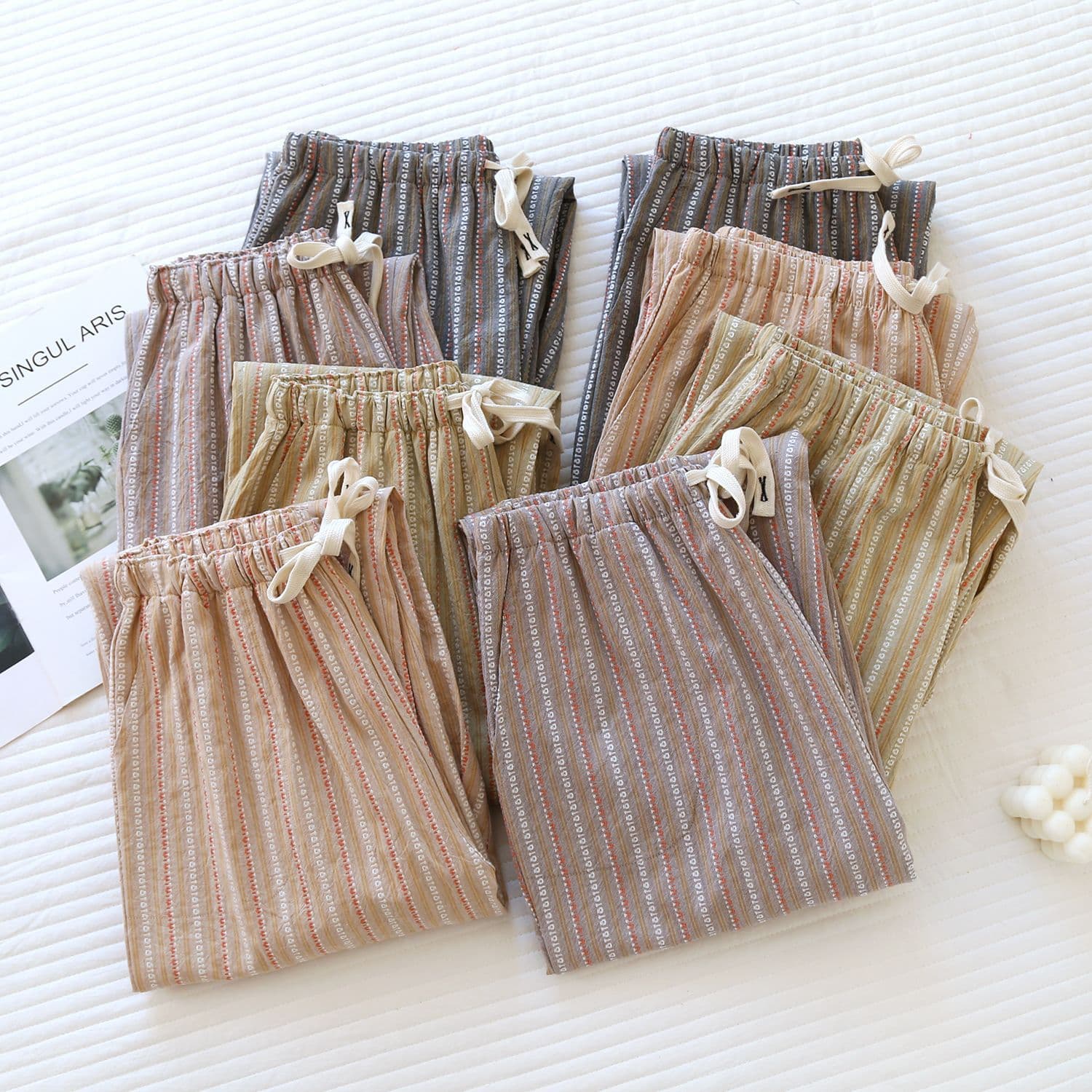 Couple Simple Washed Yarn-Dyed Home Pants Spring/Autumn Double-Layer Cotton Gauze Sleep Pants Loose Comfortable Plus Size Sleep Pants