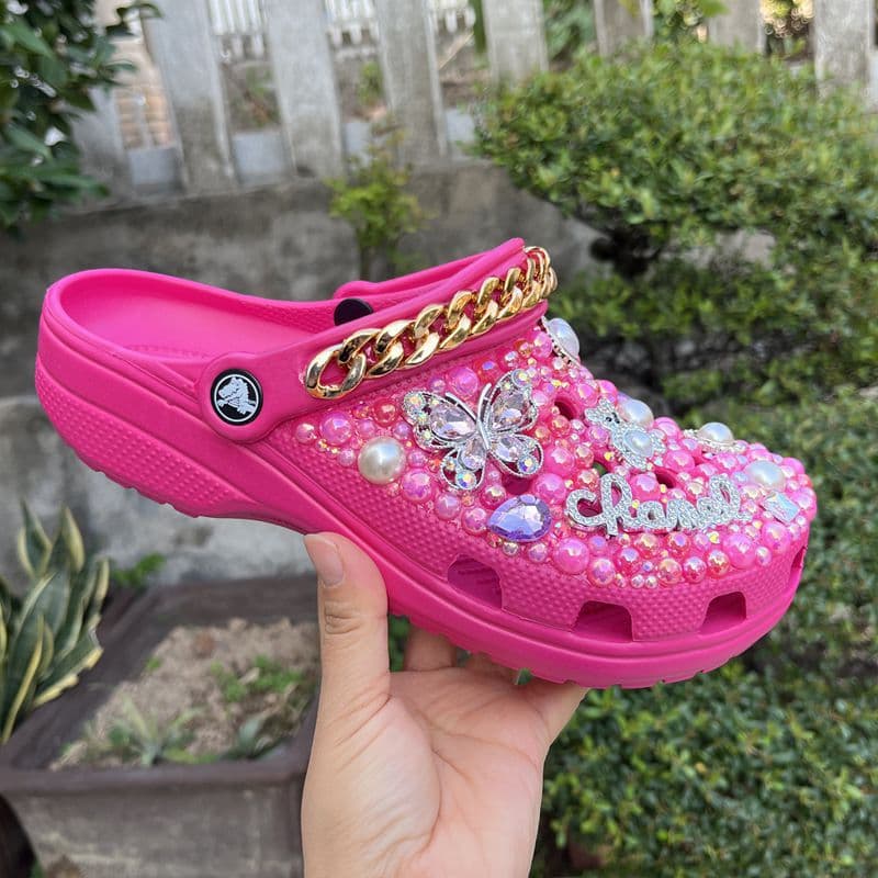 New Style Perforated Rose Pearl Rhinestone Flower Summer Women's Slippers Home Fashion Export Women's Slides Beach Sandals