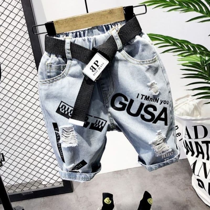Boys Denim Shorts Summer Boys Shorts Letter Thin Ripped Capri Pants Middle Big Kids Korean Stylish