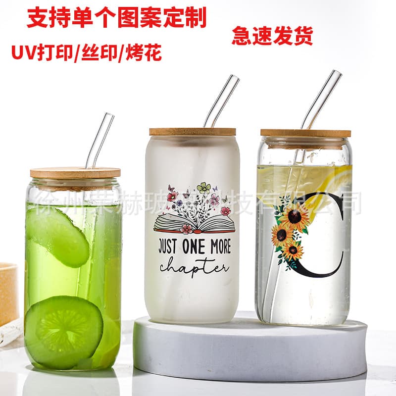 Cola Cup 16oz with Bamboo Lid Glass Mug UV Printed Glass Mug Amazon Cross-Border E-Commerce Exclusive