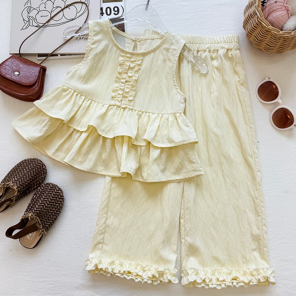 Girls ruffled sleeveless babydoll suit summer new style gentle style fungus breathable wide-leg pants two-piece set