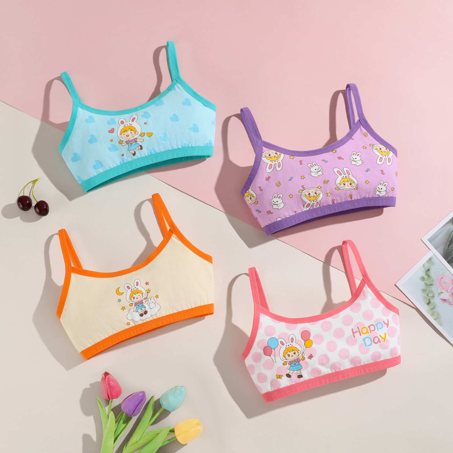 New Style Girls' Pure Cotton Vest Breathable Wrap Top for Developing Period Cartoon Print Girls' Underwear Factory Direct Wholesale