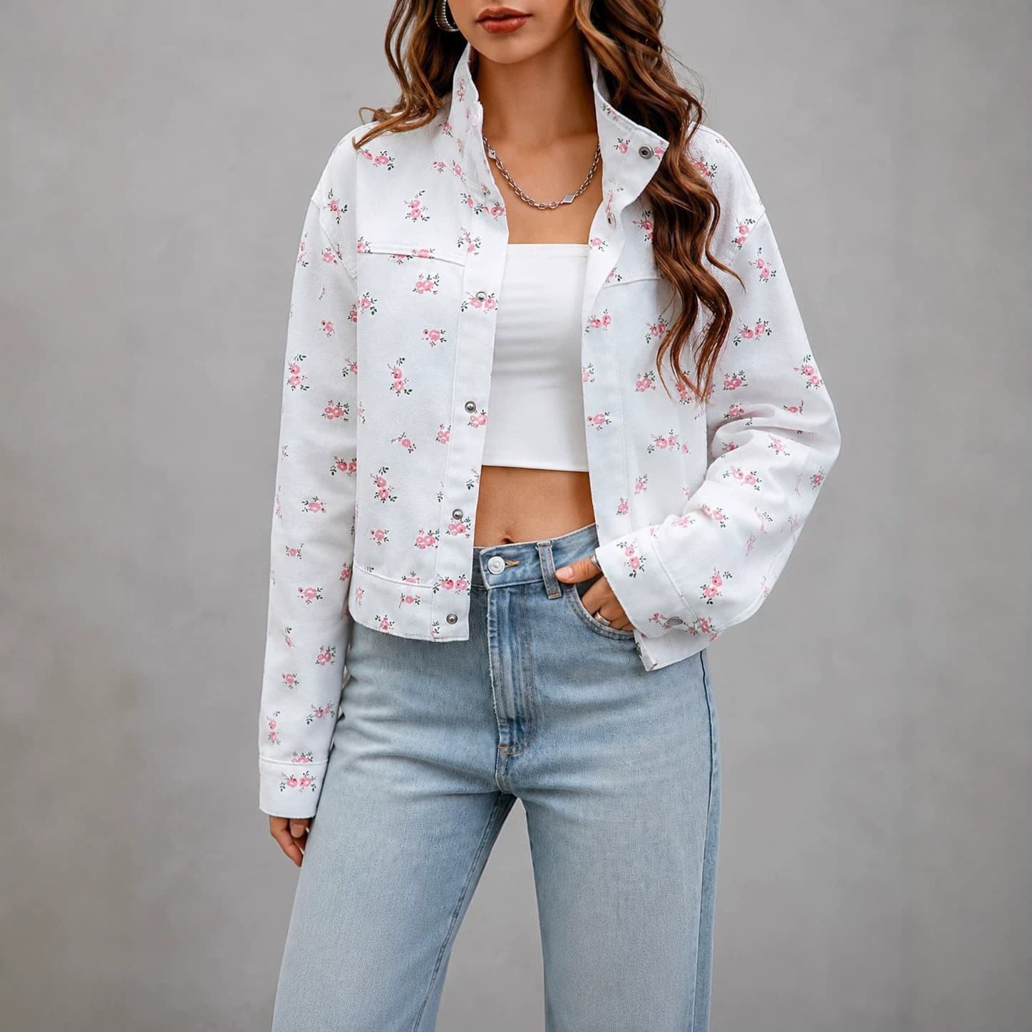 European and American Cross-border Sweet Floral Short Denim Jacket for Women Stand Collar Drop Shoulder Thin Long Sleeve Jacket Coat