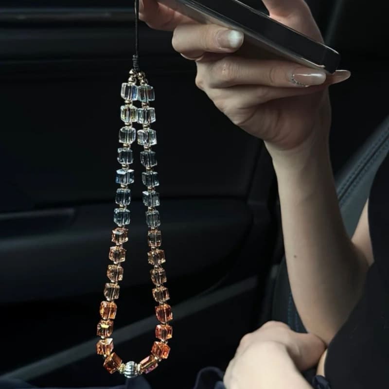 Autumn New Color Sugar Cube Crystal Bead Phone Lanyard Short Wrist Keychain Pendant Universal for Women
