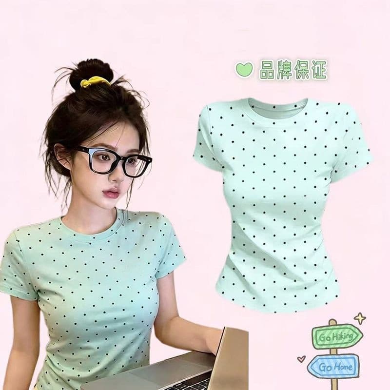 New Shoulder-Emphasizing Polka Dot Top 2026 Elegant T-Shirt Sweet Cool Summer Office Fitted Short Sleeve Cotton
