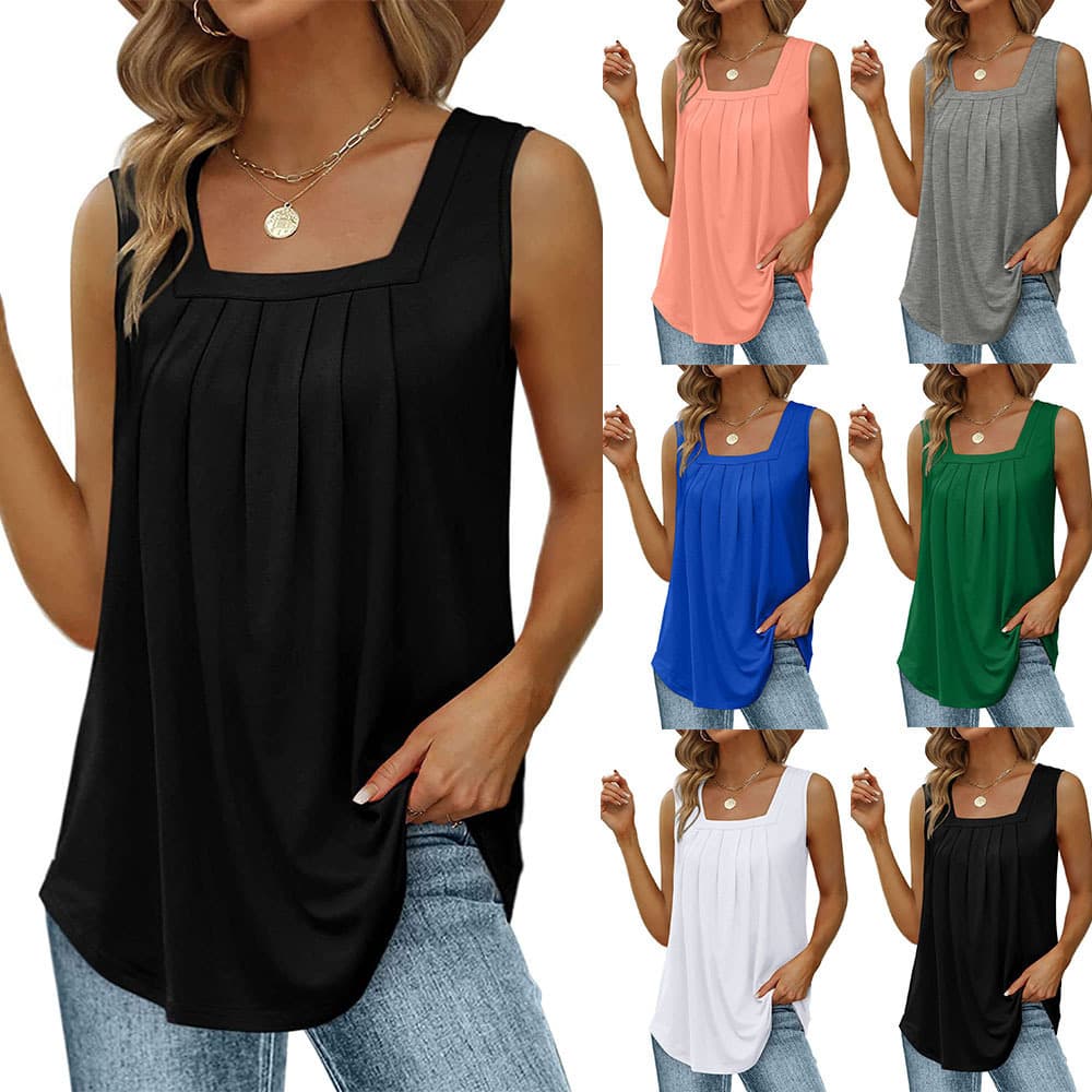 2024 New Wish Amazon Hot Selling European and American Style Women's Pleated Square Neck Sleeveless Swallowtail Vest T-Shirt for Foreign Trade Women