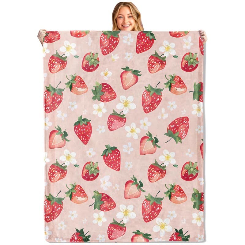 Sweet Red Strawberry Throw Blanket Soft and Lightweight Flannel Bright Juicy Fruit Blossom Pink Blanket for Adults