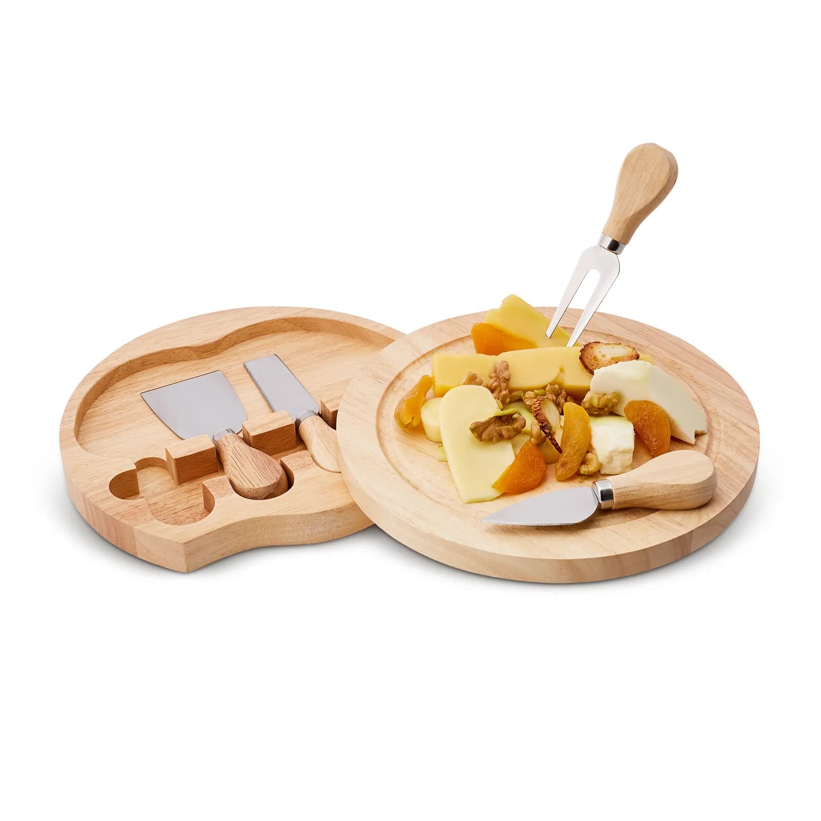 Round Bamboo Cheese Board with Bamboo Cheese Cutting Tool 4-Piece Cheese Knife Set