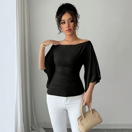 Cross-Border Women's Knitted Stretchy Flared Sleeve Boat Neck Slim Fit Elegant T-Shirt Versatile Style