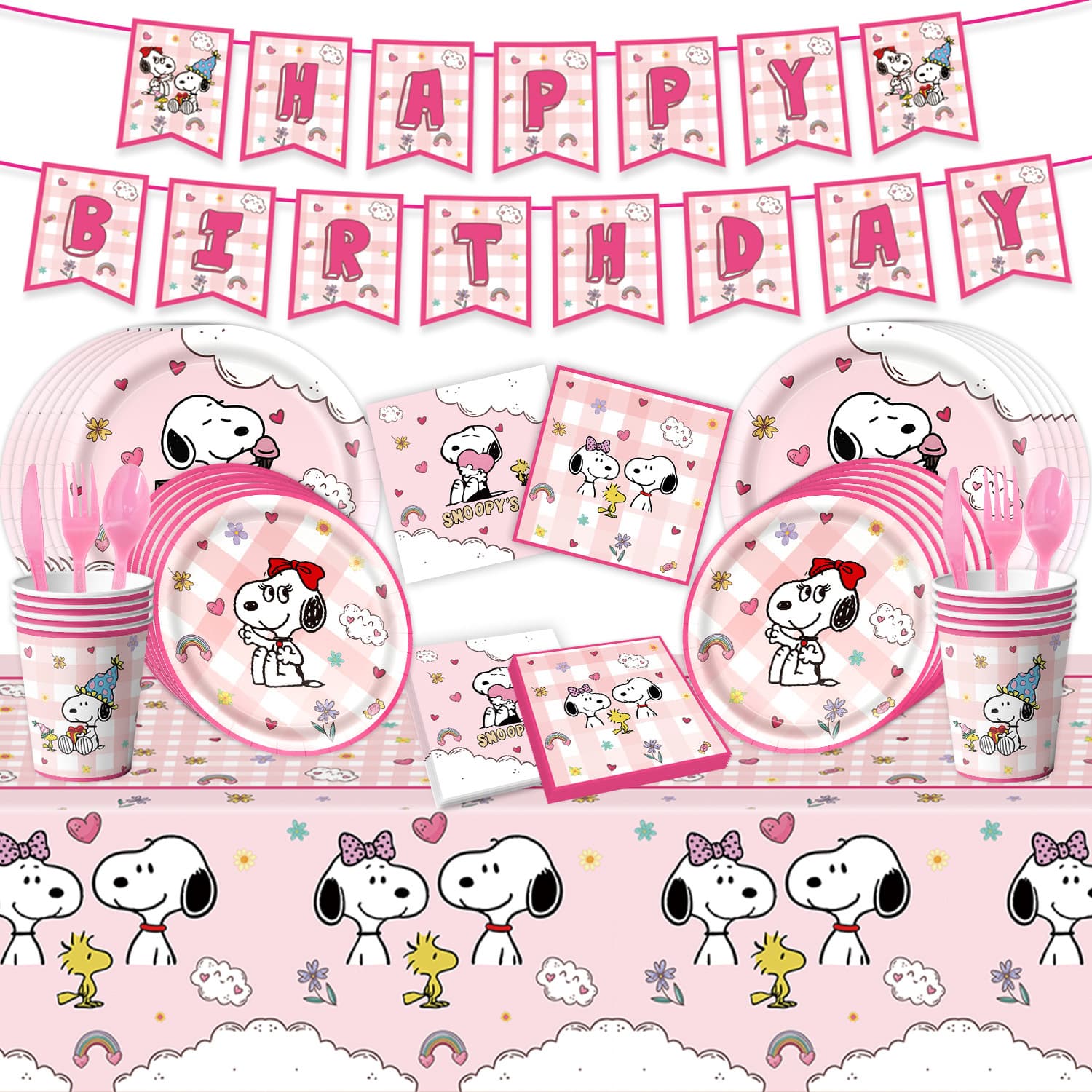 Amazon Pink Snoopy Theme Birthday Party Decoration Supplies Tableware Set Paper Plates Cups Banners
