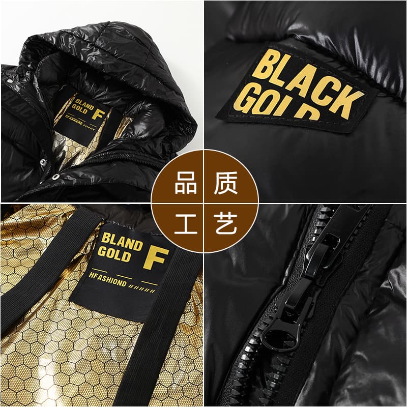 2024 New Winter Warm Hooded Black Gold Cotton Jacket Men's Windproof Waterproof Thickened Cotton Coat Couple Outerwear Men